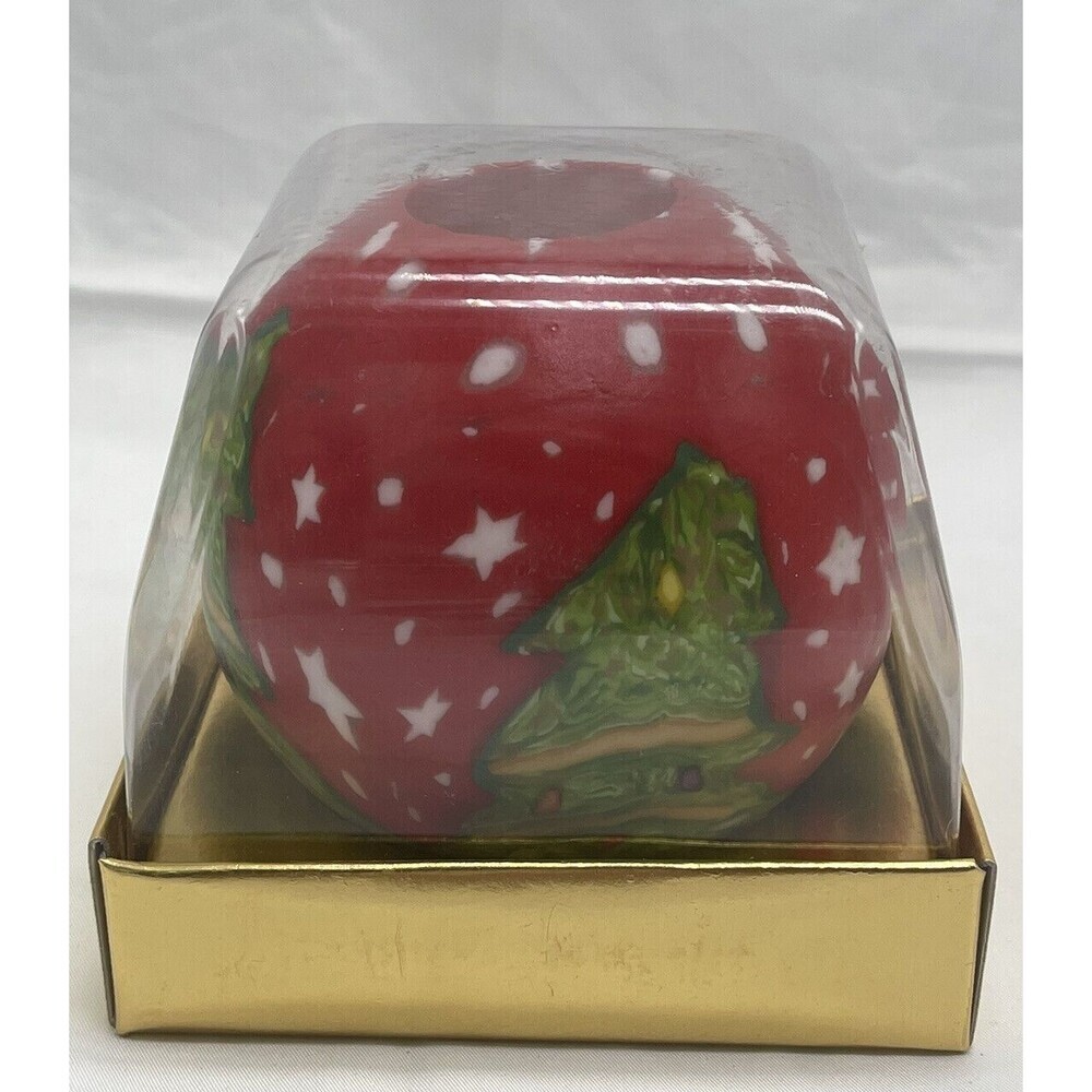 Vintage Holiday Handcrafted Red Green Christmas Tree Wax Candle 4” New